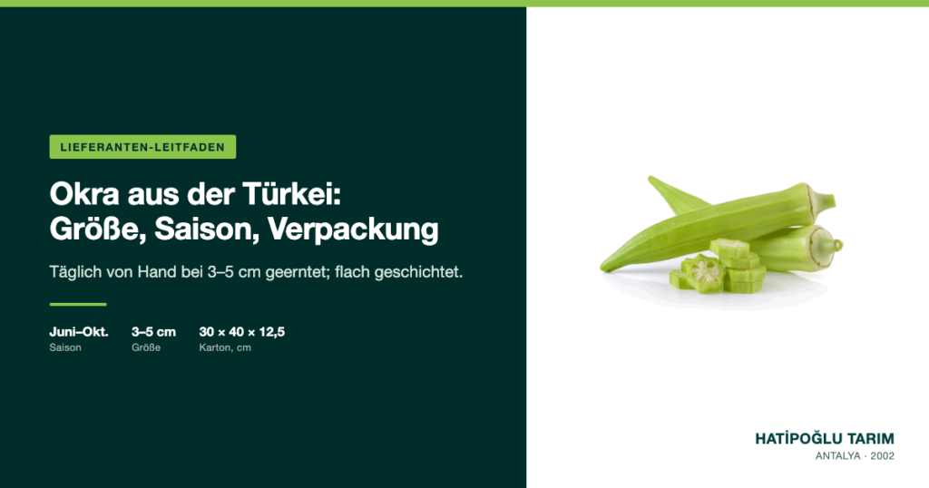 Okra aus der Türkei: Größe, Saison, Verpackung